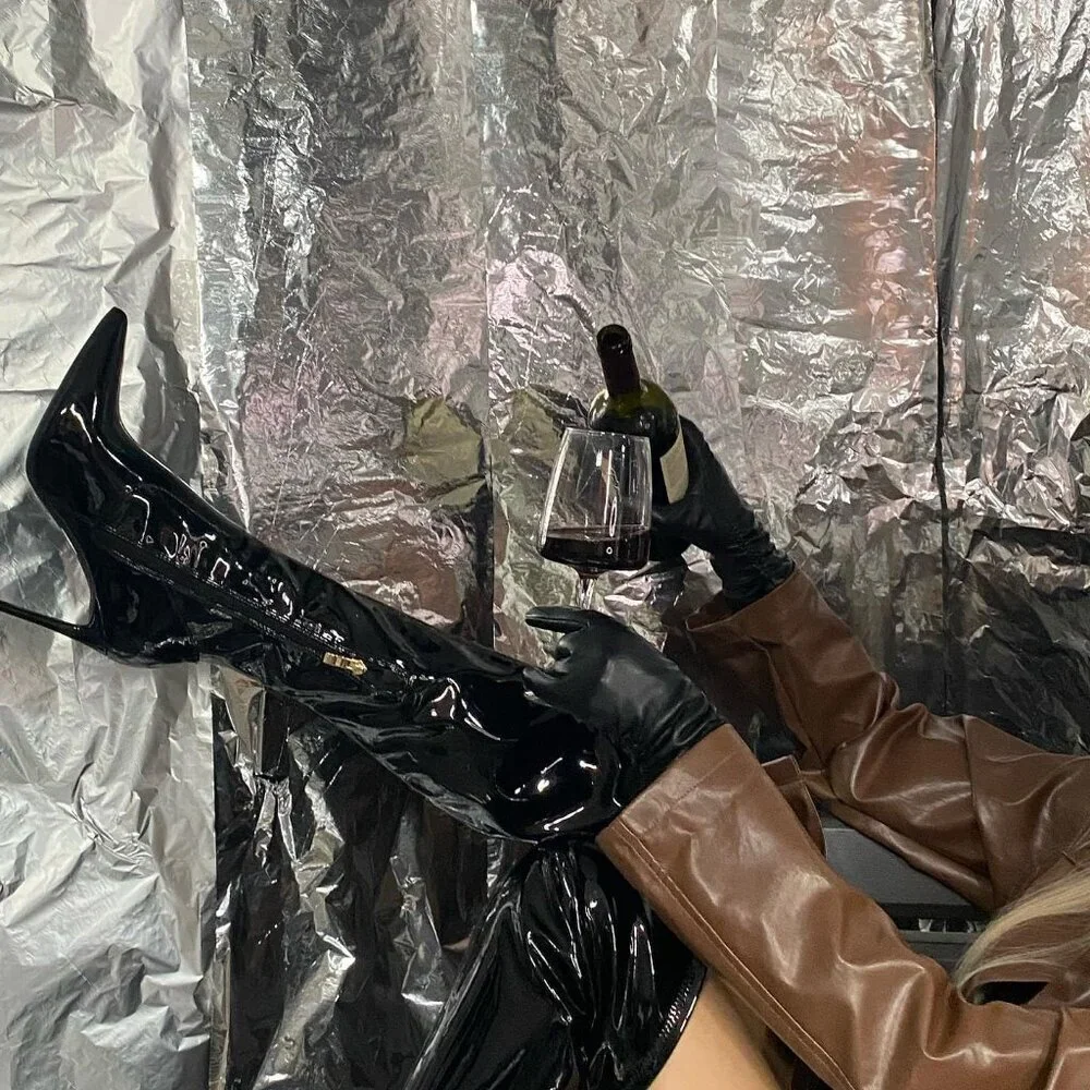 Women Patent Leather Black (PU) Over The Knee Stiletto Heel Pointed Toe Boots